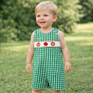 Smockingbird Apple Embroidered Smocked Green Checkered Jon Jon Romper New